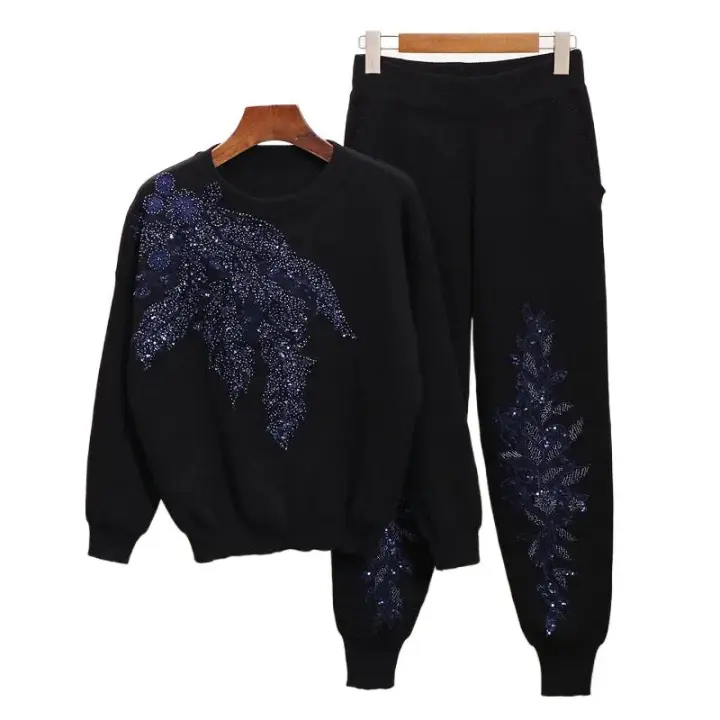 Chándal de mujer con bordado de cuentas de flores, suéter casual, top, pantalones largos de punto, traje de otoño e invierno - 1
