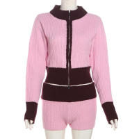 BUNO-Conjunto de 2 piezas para mujer con diseño de Patchwork Nibber, Chaqueta de punto de otoño, nueva tendencia, Chaqueta de punto corto con cremallera, pantalón corto grueso, ropa informal y sencilla - details 9