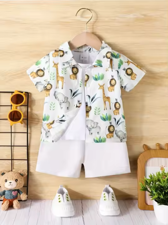 Conjunto de Viaje Informal de Verano Camisa y Pantalones Cortos con Estampado de Animales Pequeños - 1