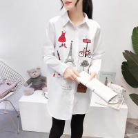 Blusa De Algodón Blanca Casual Para Mujer Cuello En V Botones Larga Manga Bordada Estilo Casual Longa Manga Blouse De Verano - details 2