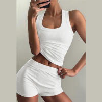 BUNO-chándales informales para Mujer, conjunto de 2 piezas, chalecos cortos elásticos con cuello en U y pantalones cortos acanalados, ropa deportiva concisa para gimnasio - details 10