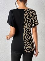 Nuevo estampado de leopardo irregular manga corta Camiseta cuello mariposa manga patchwork top mujer - details 4