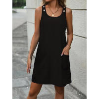 Vestido casual de verano con cuello redondo, sin mangas, textura gofre y botones decorativos. - details 2