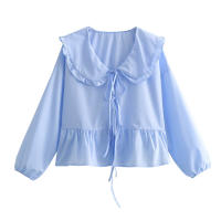 Camisa informal lisa con cordones para mujer, blusa de oficina que combina con todo, cuello redondo, dobladillo con volantes - details 5