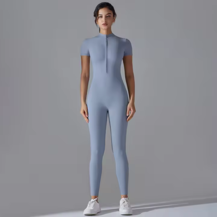 Hamidou-body de Yoga para mujer, ropa moldeadora deportiva de manga corta con cremallera, traje de gimnasio de una pieza, mono de nailon de Color sólido - 1