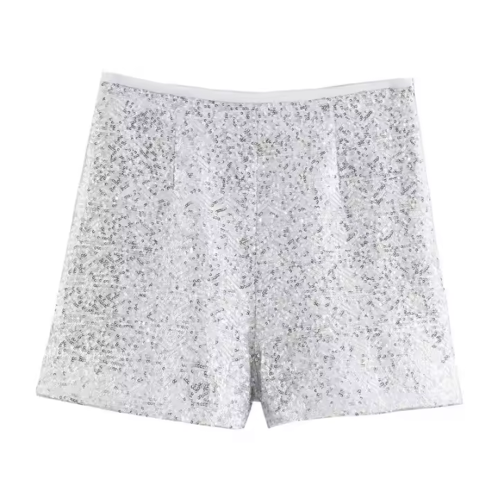 BUNO-2025 novedad de verano, traje informal de manga larga con cuello en V y lentejuelas para mujer, conjunto de pantalones cortos informales de cintura alta - 1