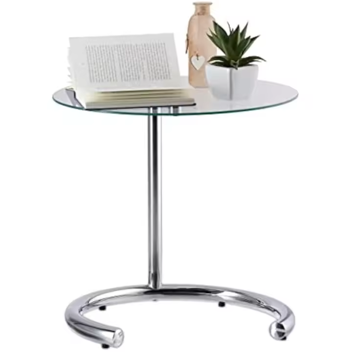 Mesa Auxiliar de Altura Regulable hasta 70 cm, Mesita Café, Acero Cromado-Cristal, Superficie 46 cm, Plateado - 1