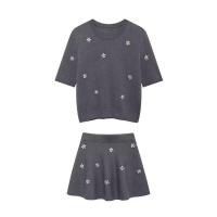 Conjuntos de punto de diamantes OUWU, suéter de cuello redondo y falda plisada para mujer, ropa interior de moda de 3 piezas - details 2