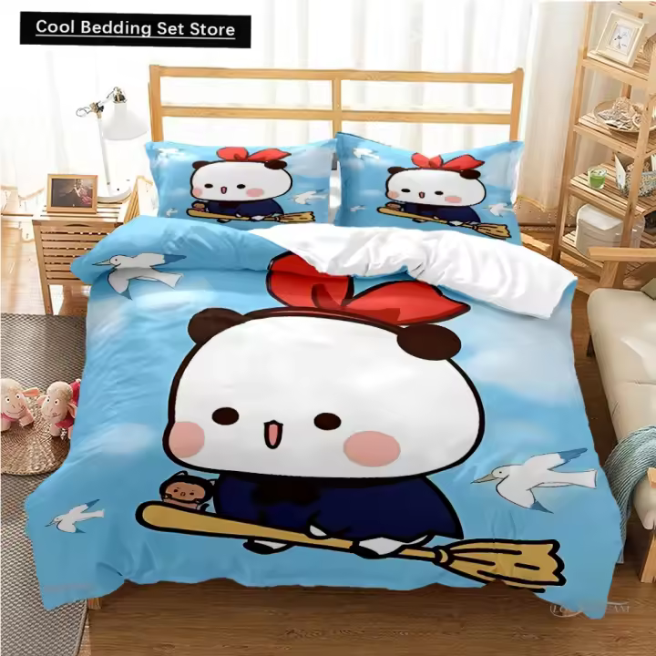 Conjunto de Ropa de Cama Suave de Dibujos Animados de Oso Panda Cubierta de Edredón y Fundas de Almohada para Chicos Ropa de Cama Kawaii - 1