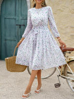 Vestido de cintura con lazo floral estilo casual de vacaciones para mujer Primavera Verano - details 6