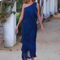Vestido con diseño de empalme de borlas multicapa, cuello inclinado, color sólido, nueva moda 2024 - details 2
