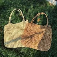 Bolsa de mano tejida de capacidad, estilo informal de vacaciones con correas de hombro fijas, cierre de cremallera, forro de poliéster, color sólido, ideal para viajes al aire libre, camping, compras diarias y almacenamiento - details 6