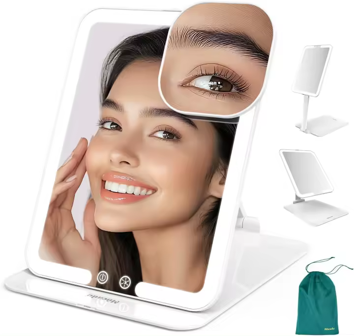 Mocado Light - Espejo de maquillaje iluminado de 3 colores de viaje plegable triple, espejo de tocador portátil con luz, ajuste libre de altura - 1