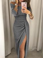 BUNO-Vestido de moda informal para mujer, vestido largo de fiesta de noche ajustado de manga larga con hombros descubiertos para mujer Vestidos de tubo divididos asimétricos - details 9