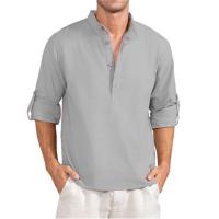 Camiseta de manga larga de lino para hombre, Tops sueltos de Color sólido, camisa de lino de algodón transpirable informal, primavera y verano - details 2