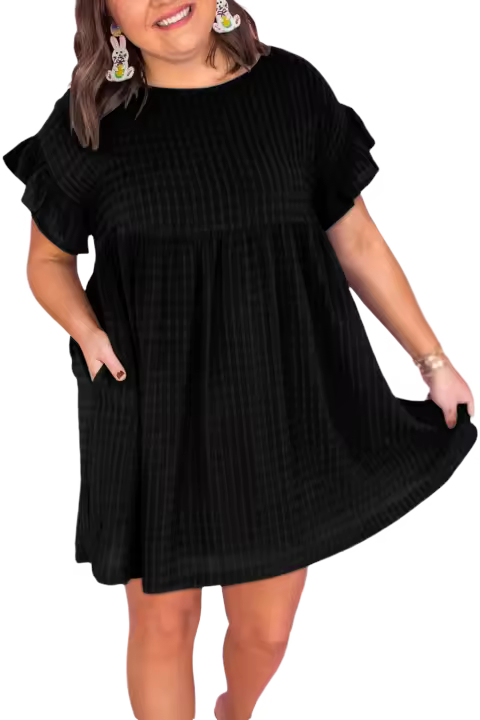 Elrachen Vestido babydoll con mangas con volantes y textura para mujer, negro, tallas 1X-4X - 1