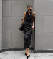Vestido elegante de moda con cuello oscilante y cuello Halter, novedad de verano, vestido ceñido de satén con cintura ajustada - details 4