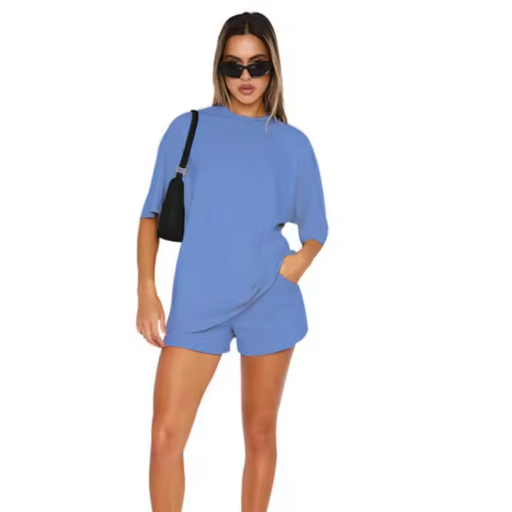 Conjunto Chandal Mujer Verano Manga Corta 2 Piezas Conjunto Deportiva Camiseta Cuello Redondo y Pantalones Cortos con Bolsillos Completo Verano Chándal para Fitness Jogging - 1