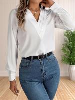 Blusa elegante de oficina de negocios para mujer, camisas elegantes de manga larga con cuello en V en capas, Tops de trabajo 2024 - details 34