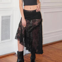 BUNO-Falda de encaje asimétrica transparente de tiro bajo en blanco y negro para mujer, falda de encaje transparente asimétrica larga por debajo de la rodilla, tendencia de verano 2025 - details 4