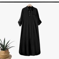 ZANZEA-vestido camisero holgado para mujer, Vestidos largos informales lisos con cuello vuelto para ir al trabajo, dobladillo redondeado de primavera - details 5