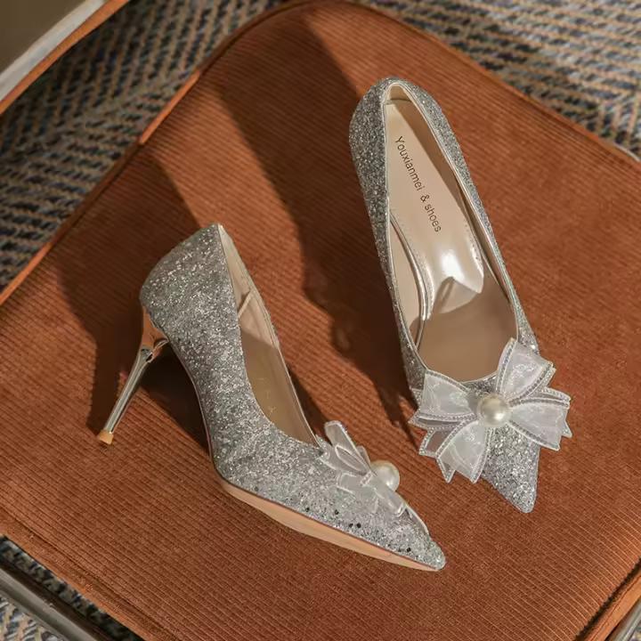Tacones Altos de Cristal Estilo Francés, Lazo Dorado, Altura de 5-8cm, Forro de Microfibra, Material Exterior de Cuero Sintético - 1