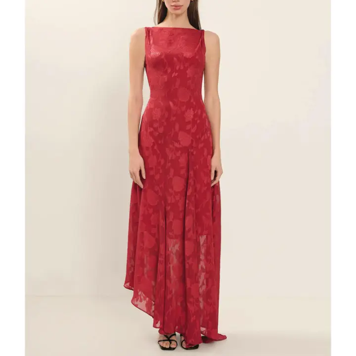 Elegante Vestido Largo con Cintura Alta y Pliegues Manga sin Aros, Cuello en V, Estampado Amarillo - 1