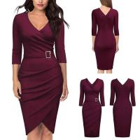 Vestido de tubo irregular de cintura alta elegante con cinturón y manga 3/4 de color sólido formal de verano para mujer rojo - details 3