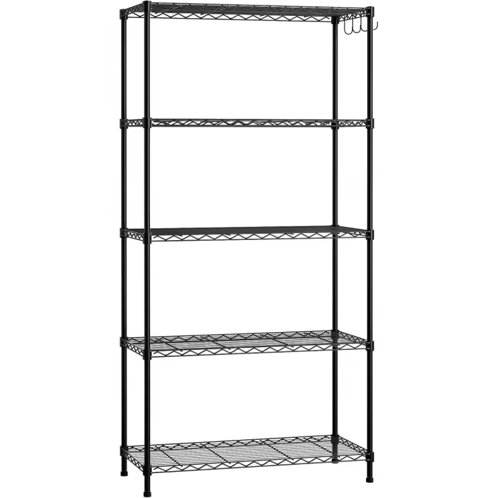 Estantería de Almacenamiento con 5 Baldas Ajustables en Altura y Patas Niveladoras, Estantería Metálica, para Sótano o Taller, Carga Máxima 340 kg, 75 x 35 x 150 cm, con 4 Ganchos, Negra - 1