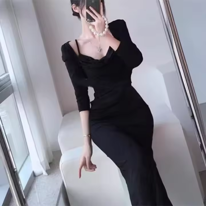 Dongda Gate-Conjunto de ropa cómoda para mujer, nueva moda, vestidos con tirantes de manga larga, falda acampanada de cintura alta - 1