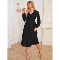 Vestido de manga larga con cuello en V para mujer, vestido elegante de corte A, color sólido, estético, nuevo en oferta - details 9