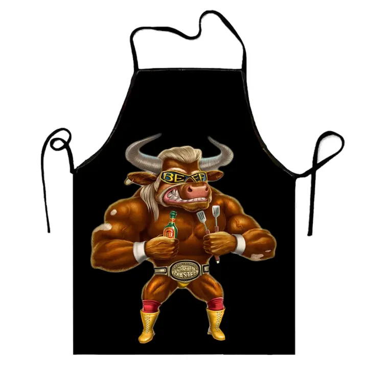 Delantales de tela Oxford suave con cintura estilo dibujos animados con estampado de toros y gallos para la cocina y el comedor - 1