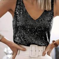 Camisetas sin mangas sexis con cuello en V profundo para mujer, jersey elegante sin mangas, monocromático, lentejuelas brillantes, blusas sueltas, moda, verano - details 4