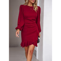 Mini vestido ajustado de manga larga para mujer Manga plisada Dobladillo con volantes Vestido de oficina - details 9
