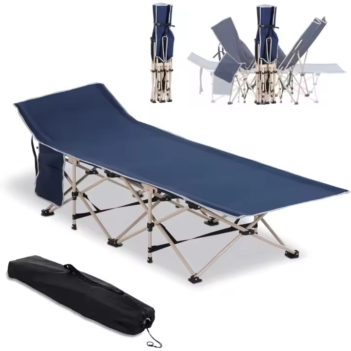 Cama de Camping Plegable Cama de Acampada con 1 Bolsillo Lateral Bolsa de Transporte y Marco de Acero Carga 150 kg para Playa Senderismo 190x68x52 cm Azul - 1