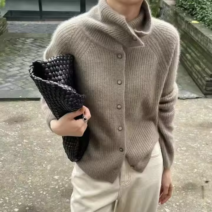 Cárdigan de cuello alto para mujer Suéter de lana pura 100%, suelto, grueso, base de Cachemira, abrigo de punto, tendencia, Otoño e Invierno - 1