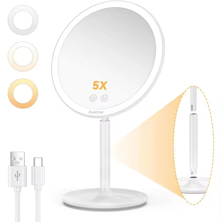 Auxmir Luz de Maquillaje, Espejo de Aumento 5X, Espejo de Mesa LED Recargable 2000mAh con USB, 3 Colores de Luz, Ajustable - 1