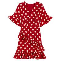 Vestido alto, medio y largo de gasa de lunares con escote en V cruzado vestido irregular - details 5