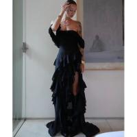 Vestido elegante con volantes y espalda descubierta para mujer, cuello oblicuo, sin mangas, con cordones, dobladillo irregular, largo hasta el suelo, vestidos para mujer de primavera - details 2