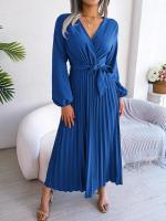 Vestido largo plisado con dobladillo grande para mujer, vestido cruzado de Color liso con cuello en V, moda de primavera y verano - details 19