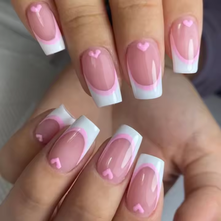 24PCS Uñas Cortas Cuadradas Rosas Diseño de Amor Blanco Colores Dulces para Fiesta - 1