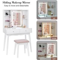 Tocador de Maquillaje con Luz, Brillo Ajustable, Mesa Cosmética con Espejo Deslizante, Tocador Pequeño con Taburete 2 Cajones Blanco EFST15M - details 5