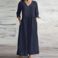 Vestidos sueltos de algodón de lino, novedad de primavera y otoño de 2024, vestido informal de media manga larga con cuello en V, vestido de estilo sencillo para mujer - details 7