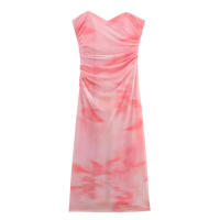 TRAFZA, vestidos estampados de estilo playero de verano para mujer, sin tirantes, sin mangas, plisado con cremallera, vestido Midi de tul con dobladillo dividido y espalda descubierta - details 1