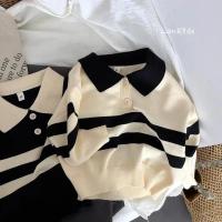 2025 nuevo estilo coreano primavera otoño suéter para niños niñas dos piezas botón rayas solapa Top de punto Casual ajuste elegante - details 4