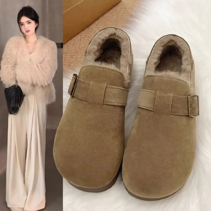 Chanclas de mujer de piel con puntera redonda para exterior Casual Suede Slippers, Otoño/Invierno 2025 - 1