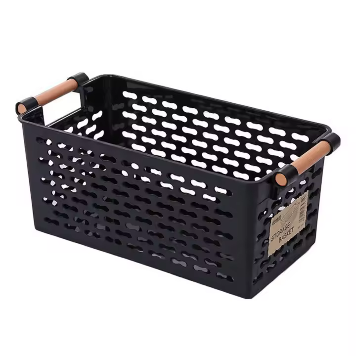 Cesta de almacenamiento hueca de plástico, cesta de almacenamiento de artículos diversos Rectangular blanca/negra con asa, cesta de baño que ahorra espacio - 1