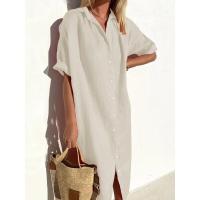 Vestido camisero largo de lino y algodón con botones de manga corta holgado informal elegante para mujer - details 6