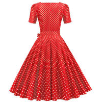 Vestido midi de fiesta de lunares para mujer, elegante, de manga corta, con cuello cuadrado, línea A, estilo años 50 y 60. - details 3