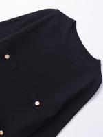 Vestido corto de punto con dobladillo plisado para mujer, minivestido negro de manga larga con cuello redondo y bolsillos frontales con botones, otoño e invierno - details 2